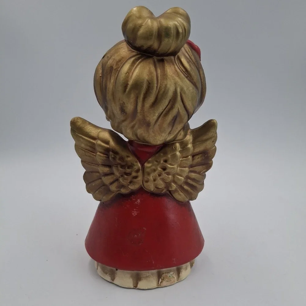 Vtg Christmas Angel Figurine Japan Mid Century‎ Red Gold Big Eye Girl Cardinal